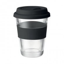 PAHAR DE STICLA CU CAPAC SI PRINDERE DIN SILICON, 350ML, PERSONALIZABIL
