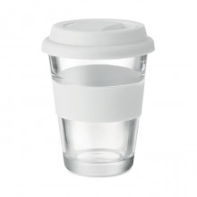 PAHAR DE STICLA CU CAPAC SI PRINDERE DIN SILICON, 350ML, PERSONALIZABIL
