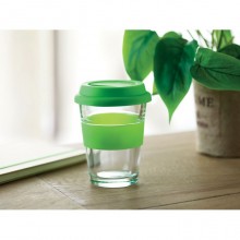 PAHAR DE STICLA CU CAPAC SI PRINDERE DIN SILICON, 350ML, PERSONALIZABIL
