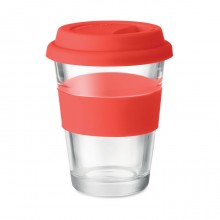 PAHAR DE STICLA CU CAPAC SI PRINDERE DIN SILICON, 350ML, PERSONALIZABIL